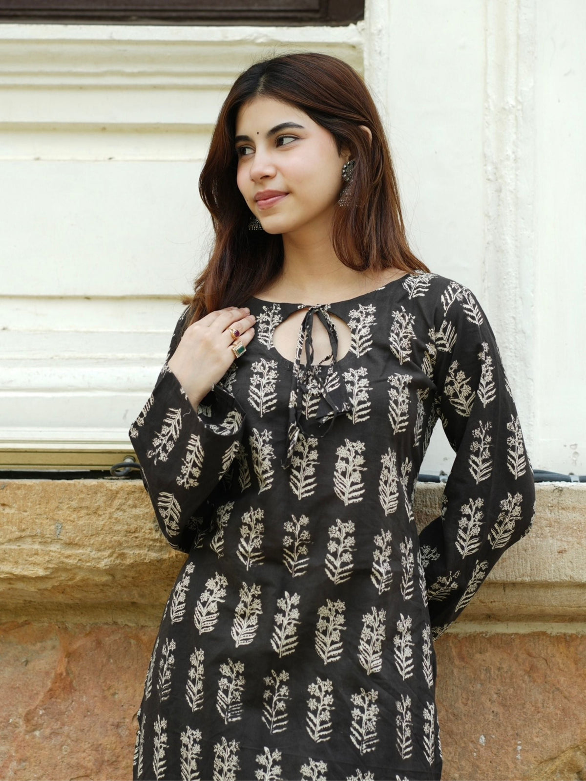 Roohi Two Piece Farshi Set for Women - Black Handblock Cotton Kurta with Farshi Salwar