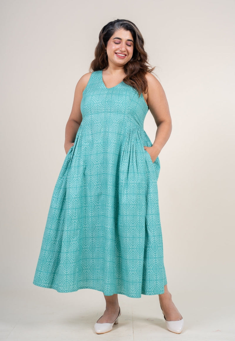 Navira Aqua Green Printed Cotton A Line Dress