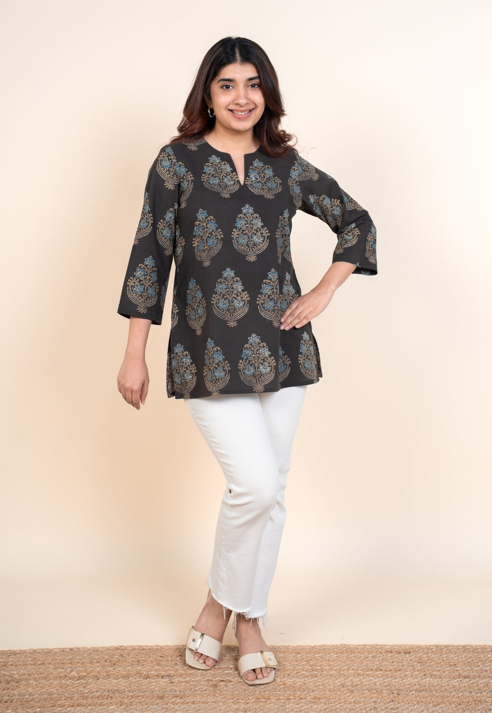 Yuvika Brown Ajrakh Cotton Straight Short Top