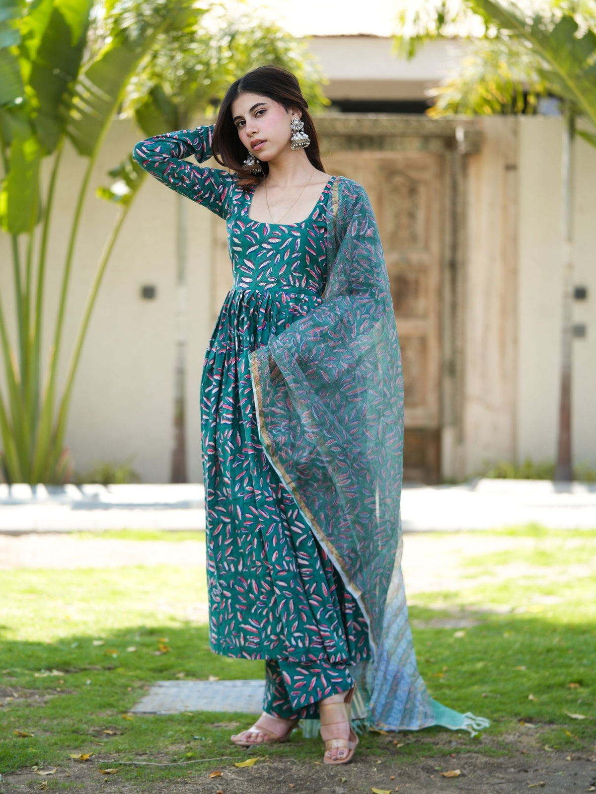 Leaf Love Green Handblock Anarkali Set with Kota Doriya Dupatta