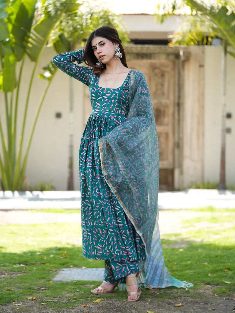 Leaf Love Green Handblock Anarkali Set with Kota Doriya Dupatta