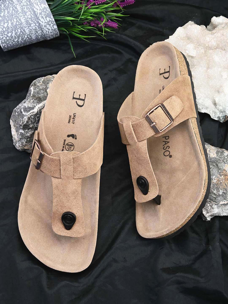 Beige Men's casual flat heel slip-on closure sandal 