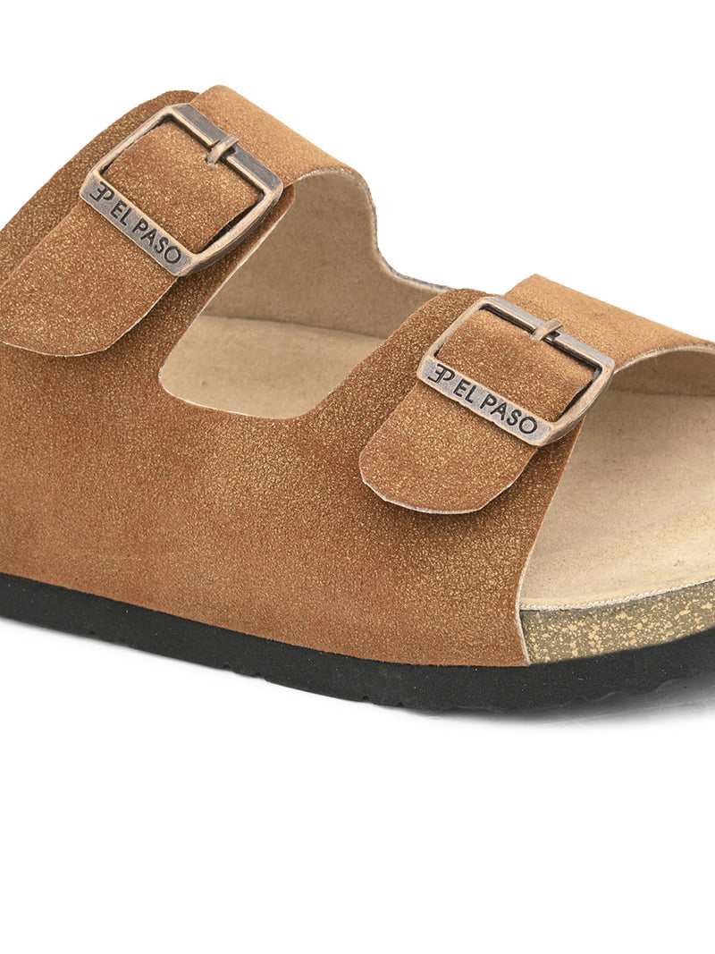Tan Men's casual buckle strap flat heel leather slip-on closure sandal