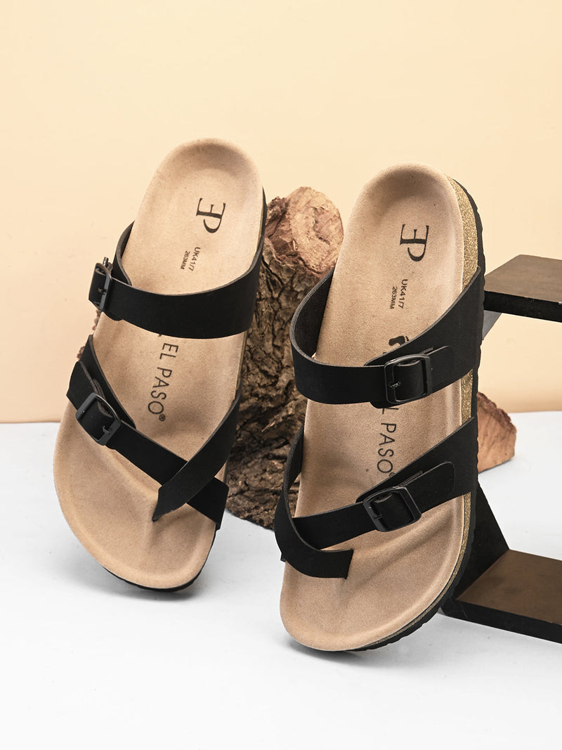 Black Men's casual flat one-toe strap sandal