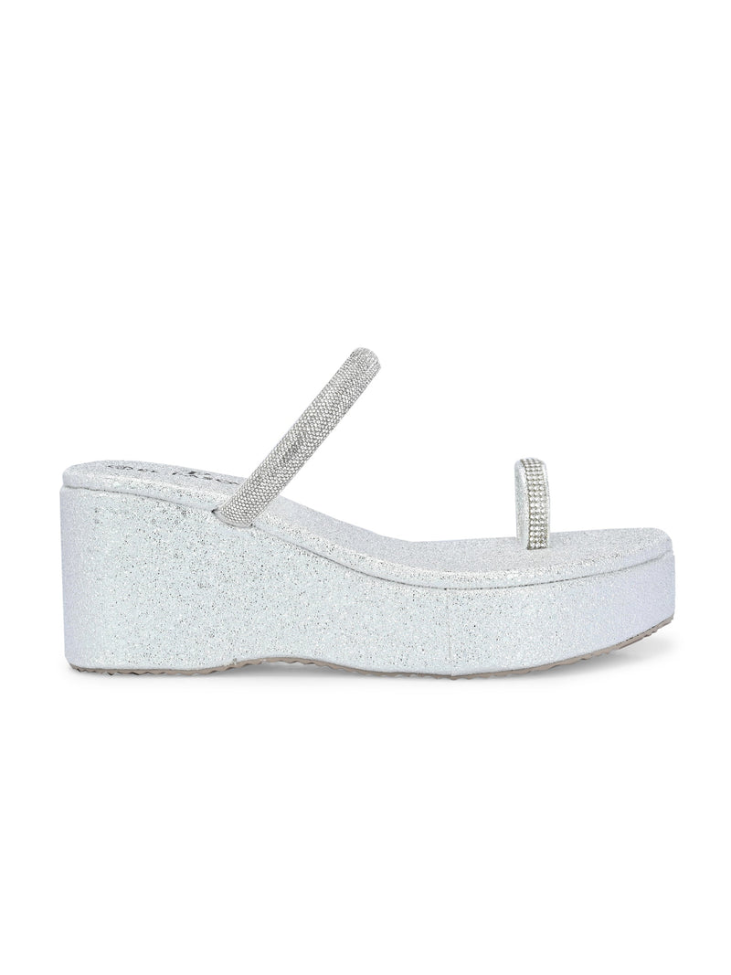 One-Toe Silver Shimmering Wedge Heel For Women