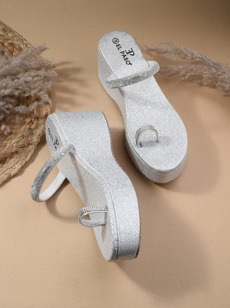 One-Toe Silver Shimmering Wedge Heel For Women