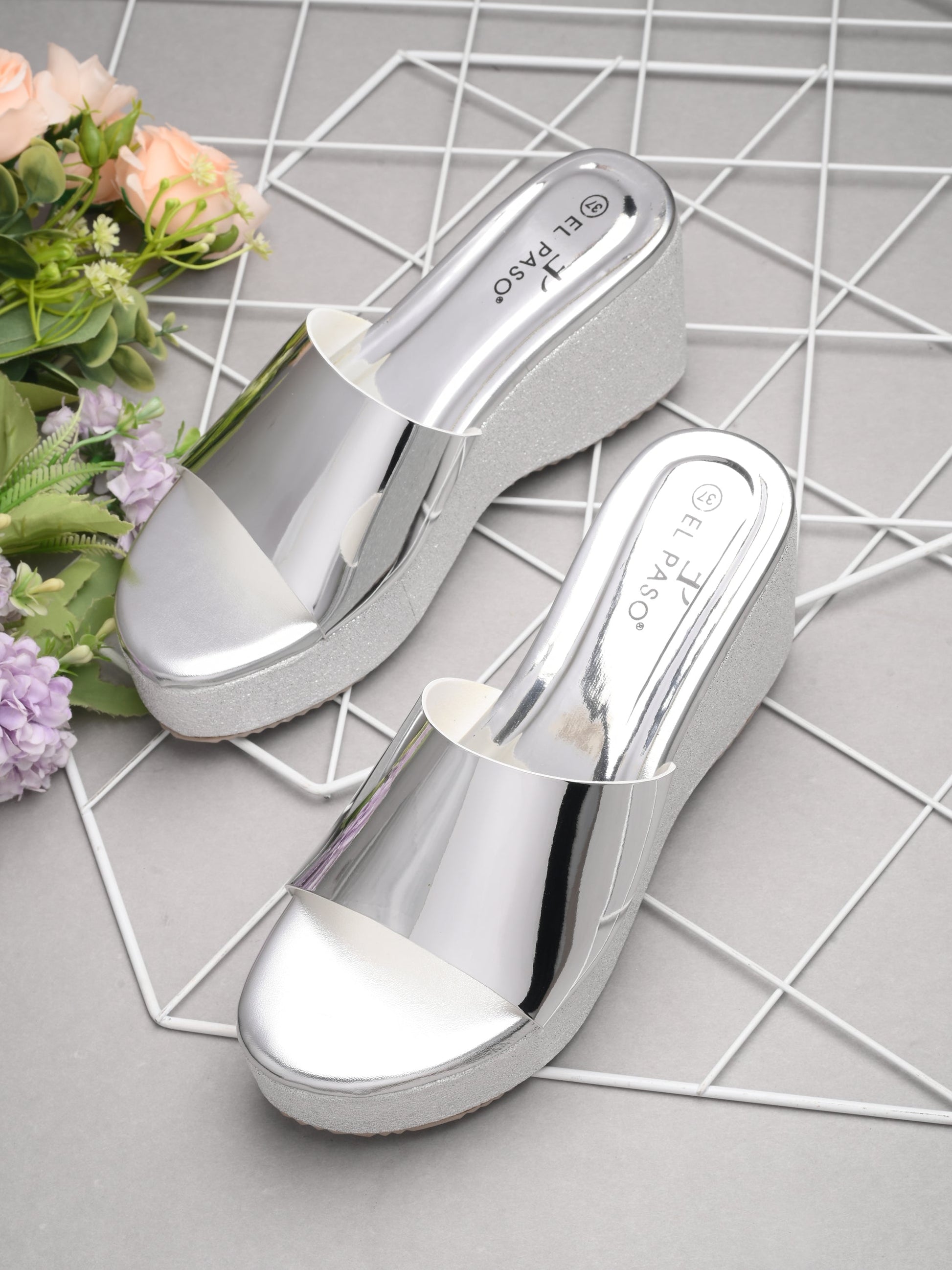 Shiny Metallic Slip-On Wedge Heels For Women