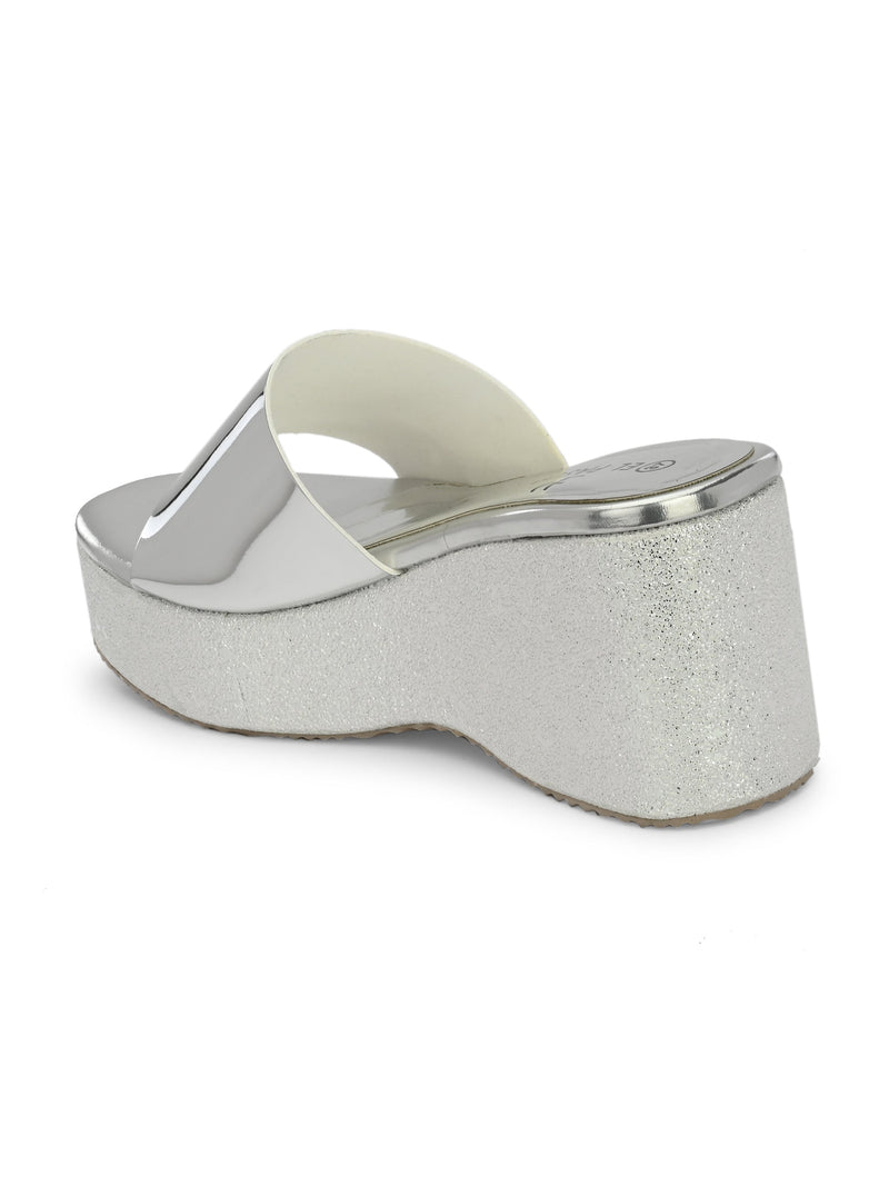 Shiny Metallic Slip-On Wedge Heels For Women