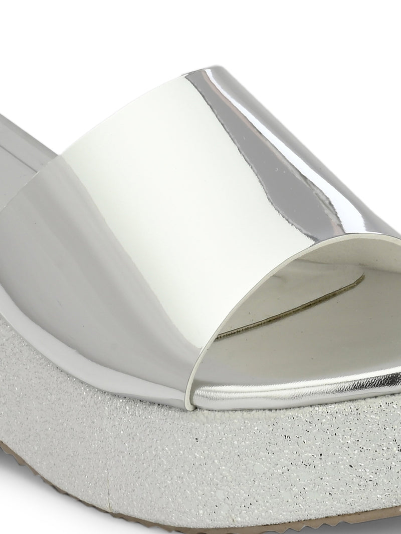 Shiny Metallic Slip-On Wedge Heels For Women