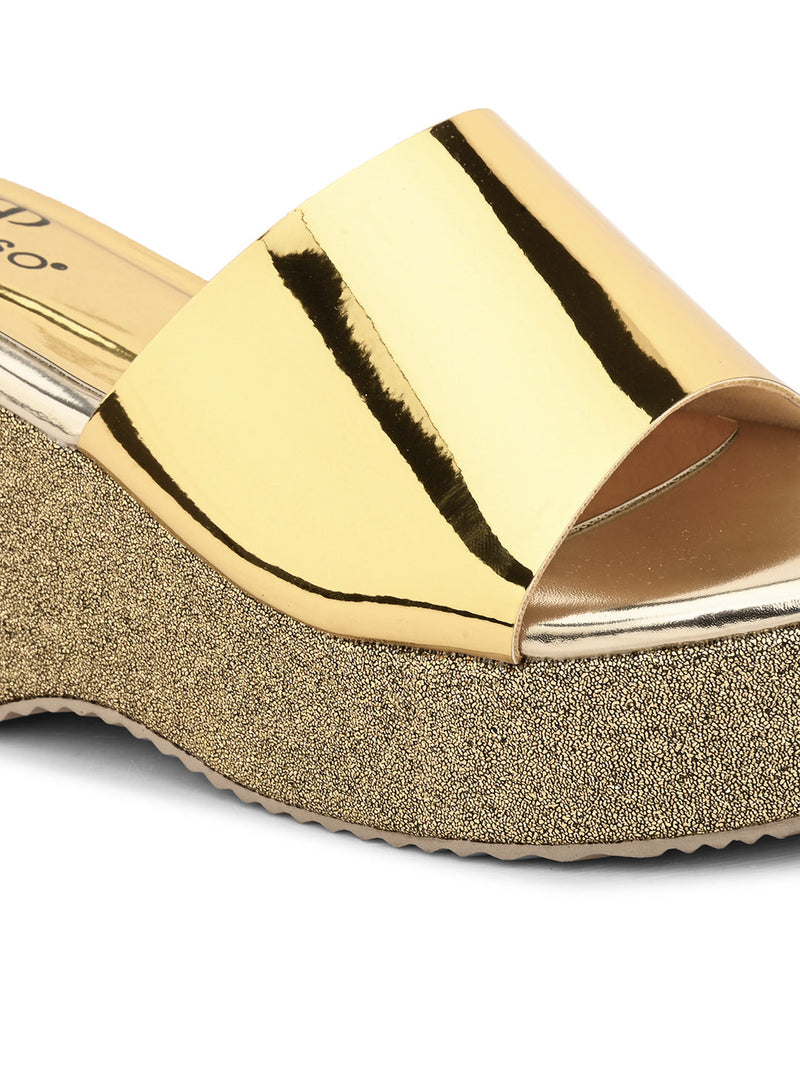 Shiny Metallic Slip-On Wedge Heels For Women