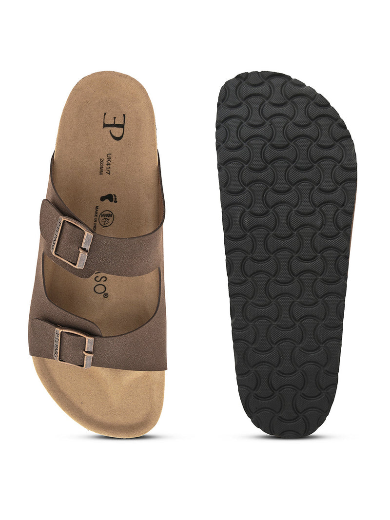 Brown Men's casual buckle strap flat Leather Slip-On Sandals