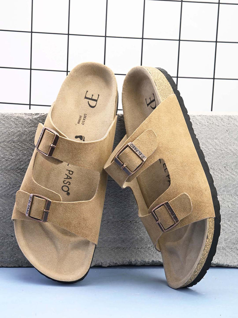 Beige Men's casual buckle strap flat Leather Slip-On Sandals