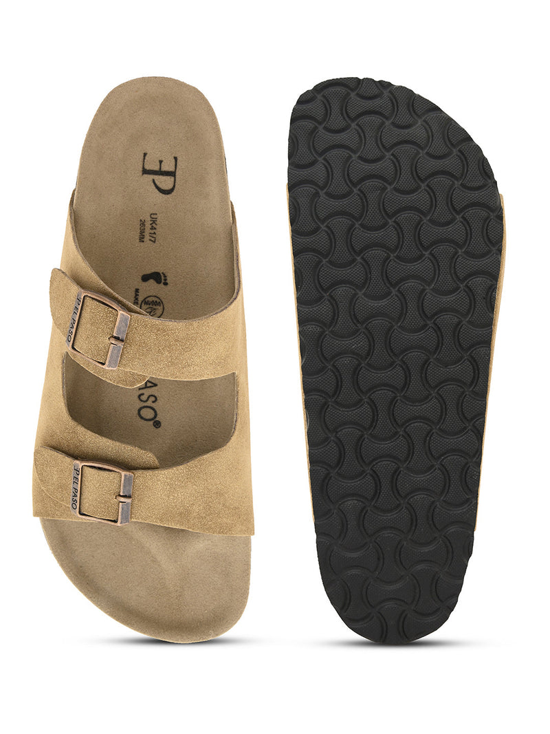 Beige Men's casual buckle strap flat Leather Slip-On Sandals
