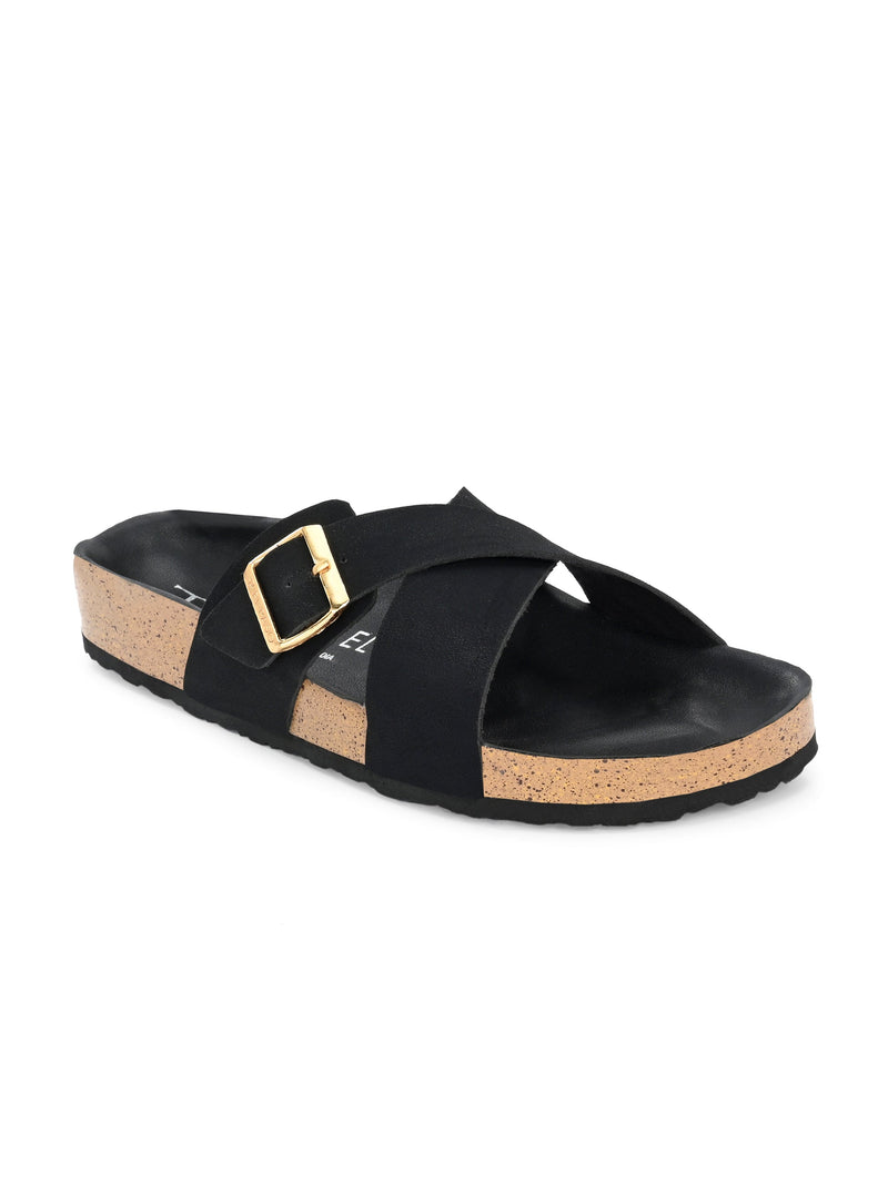 Luxurious Jet Black Leather Slide Sandal For Women-1