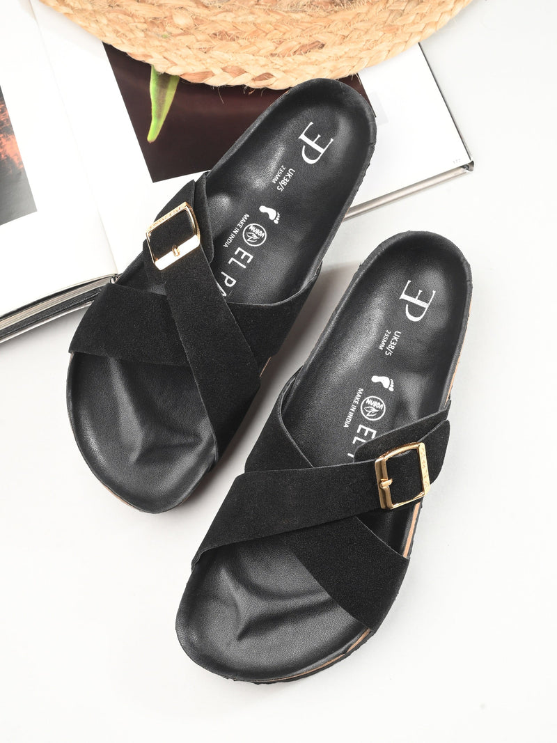 Luxurious Jet Black Leather Slide Sandal For Women-6