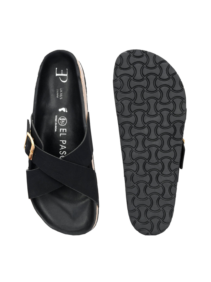 Luxurious Jet Black Leather Slide Sandal For Women-4