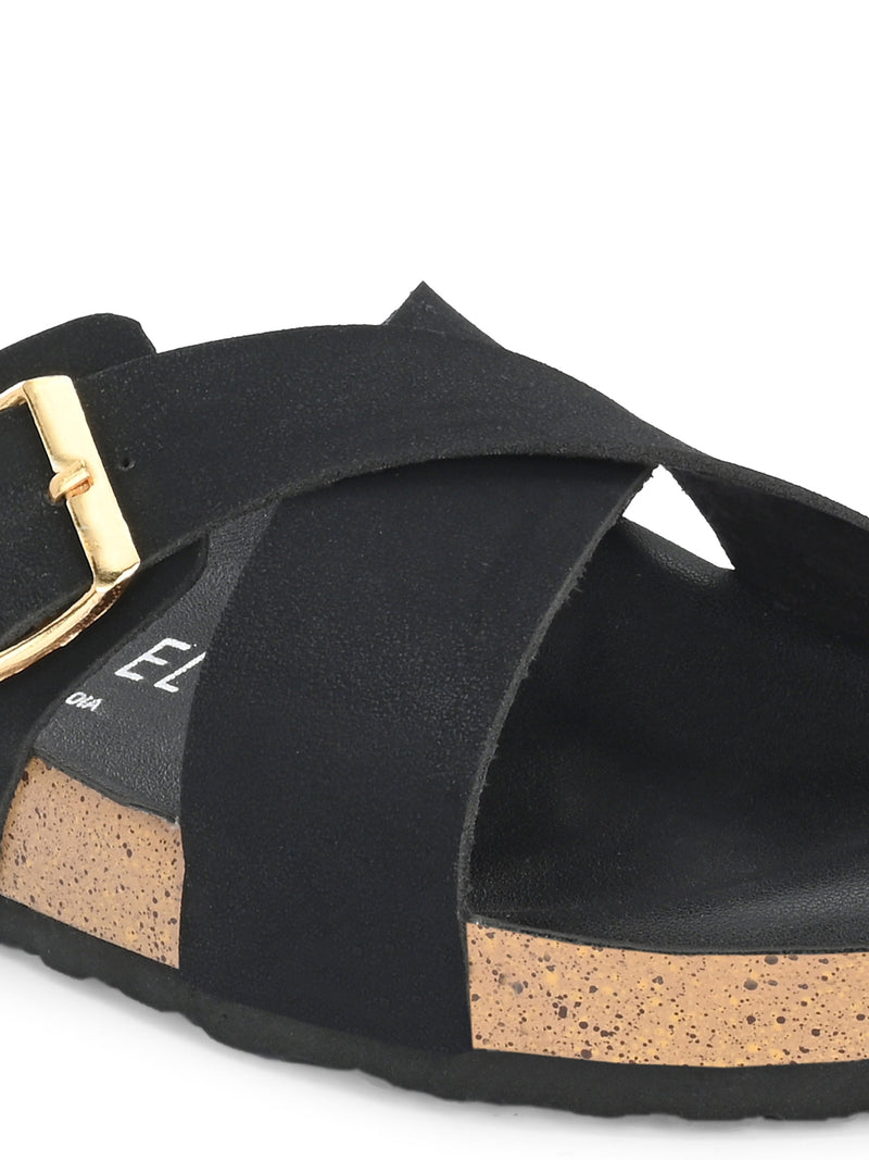 Luxurious Jet Black Leather Slide Sandal For Women-5
