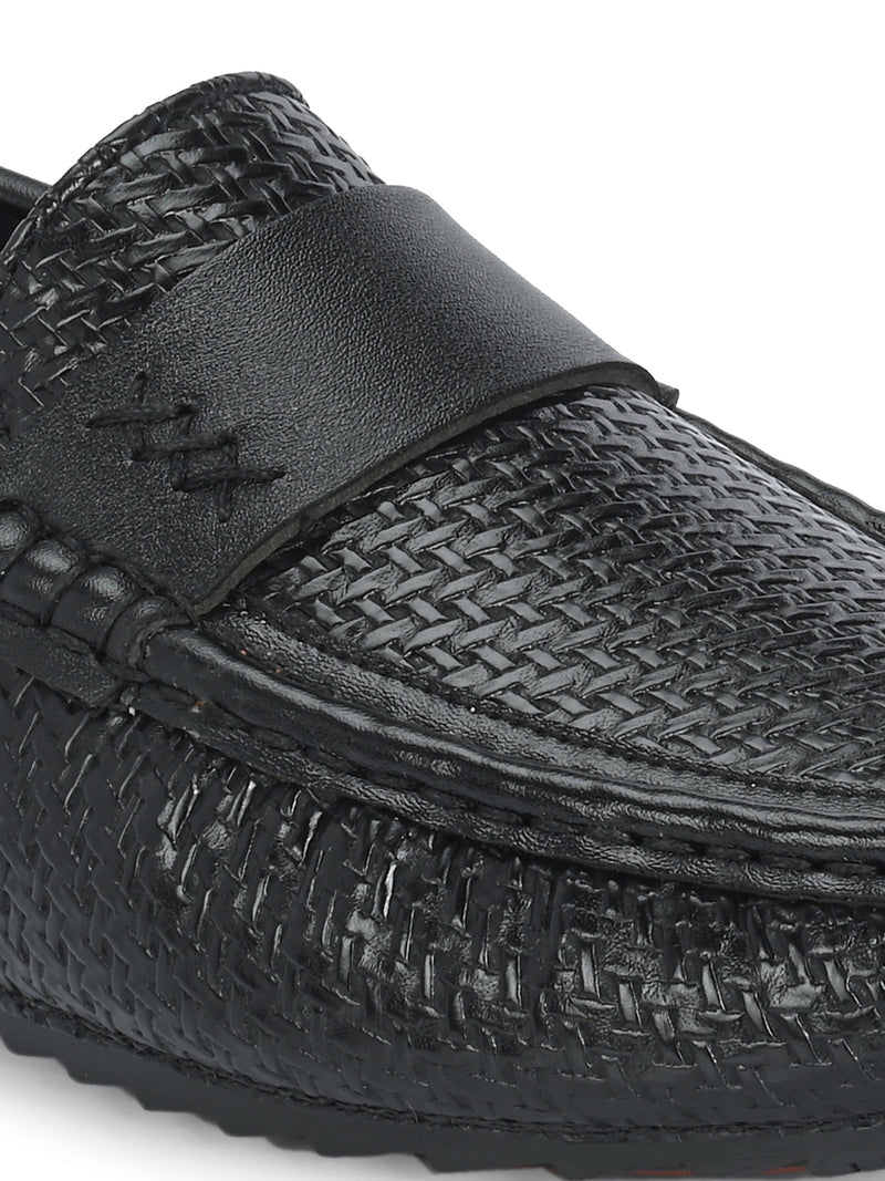 Black Textured Platform Heel Slip-On Loafer Shoes