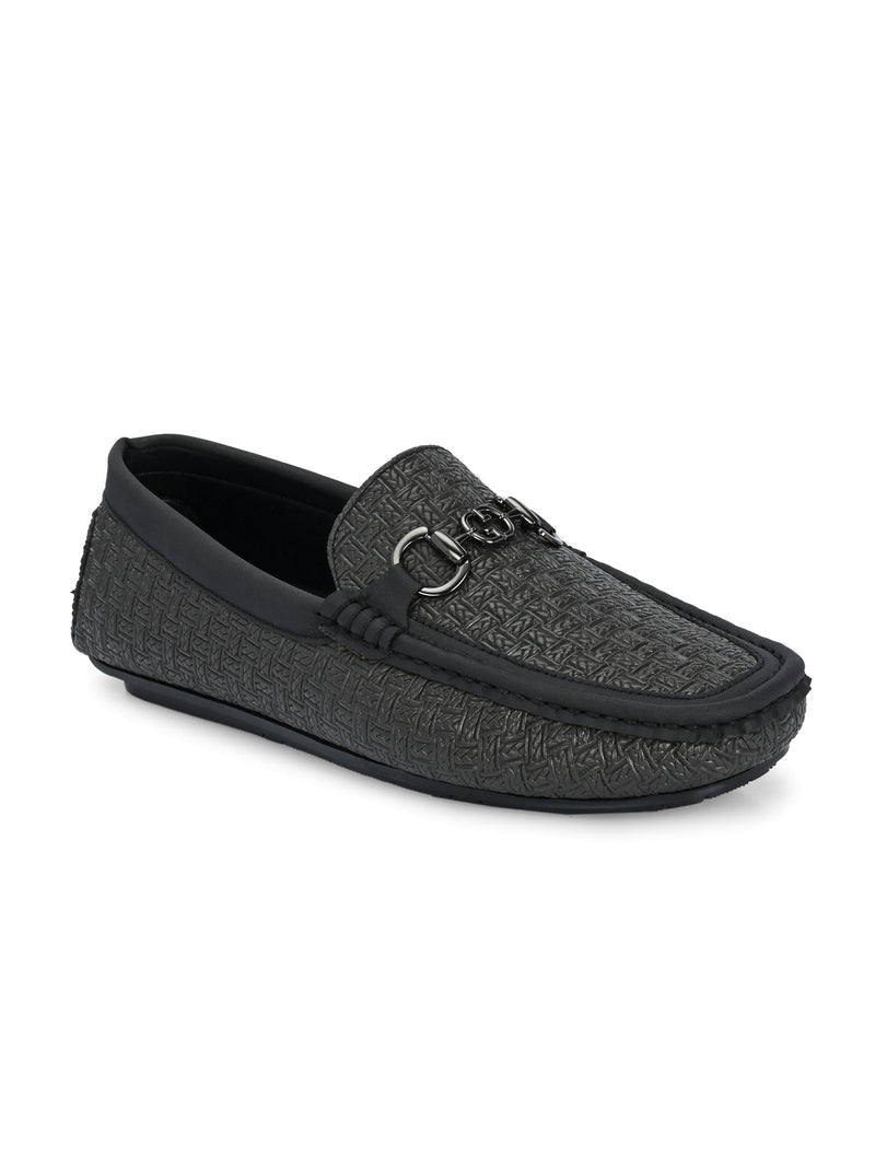 Black Sleek Textured Platform Heel Slip-On Loafer Shoes