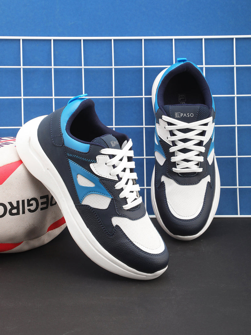 White & Navy Blue colour Men's lace-up casual athletic shoes with white laces.