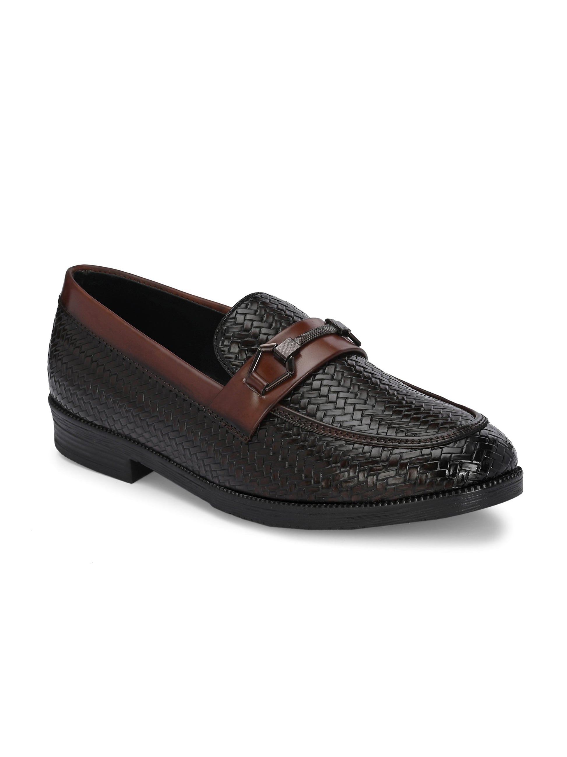 Brown Textured Block Heel Slip-On Loafer Shoes