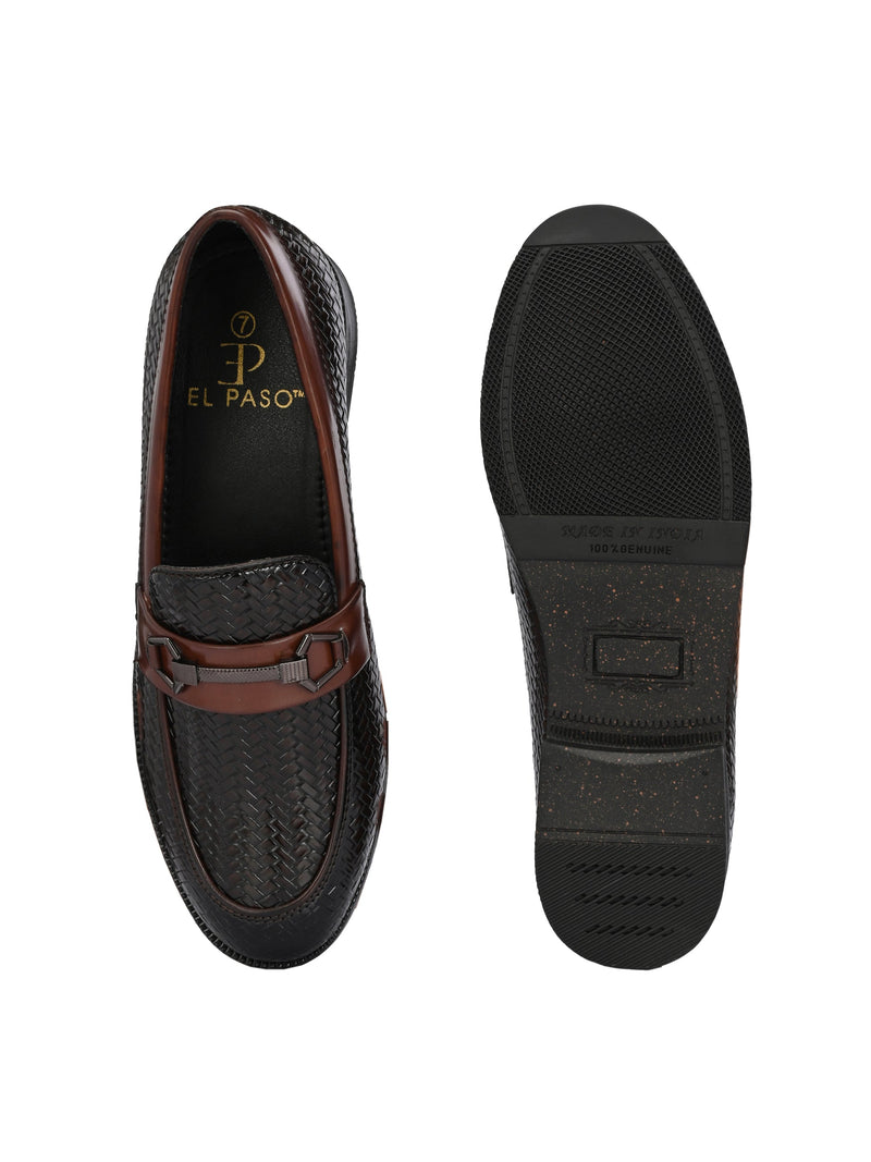 Brown Textured Block Heel Slip-On Loafer Shoes