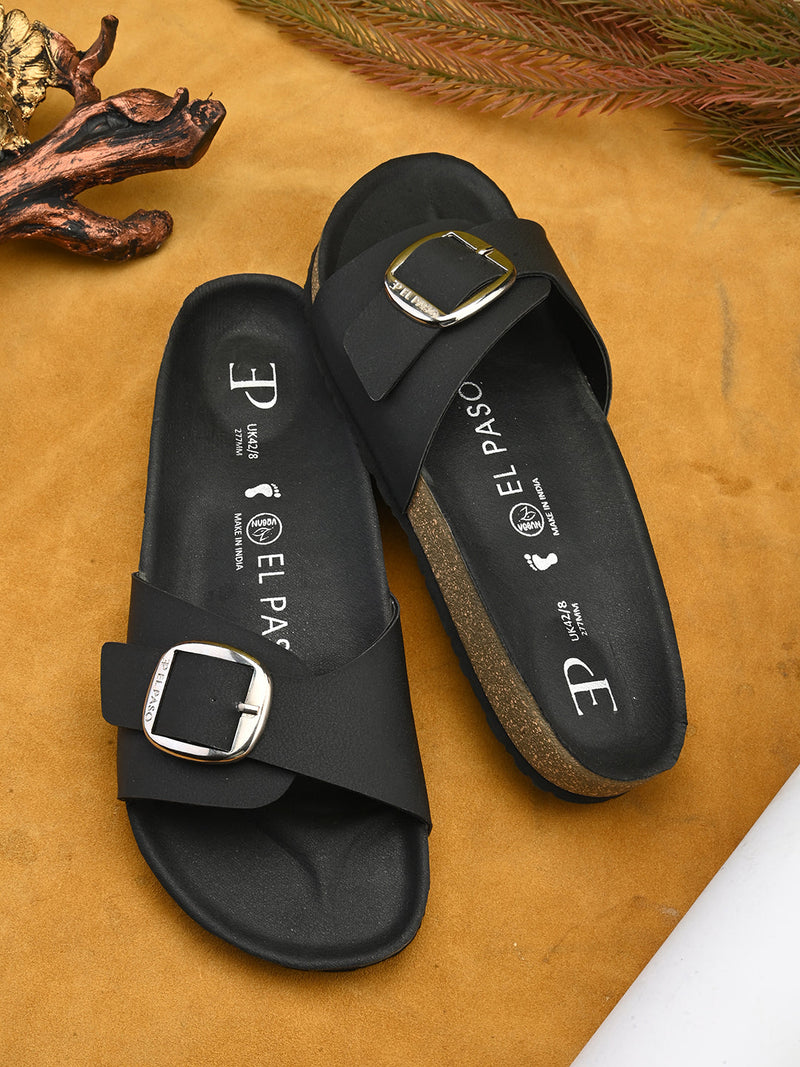 Black Men's casual flat heel with buckle strap sandal 