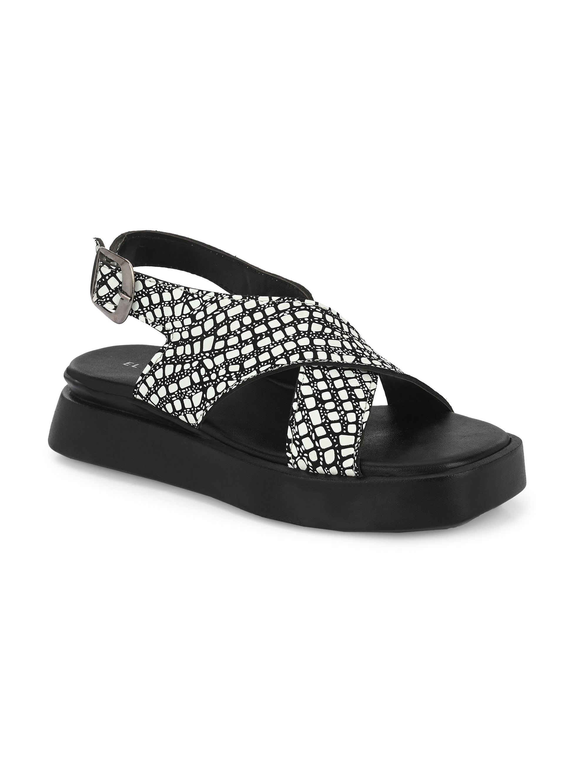 Black Women's casual flat heel criss cross sandal with back strap closure