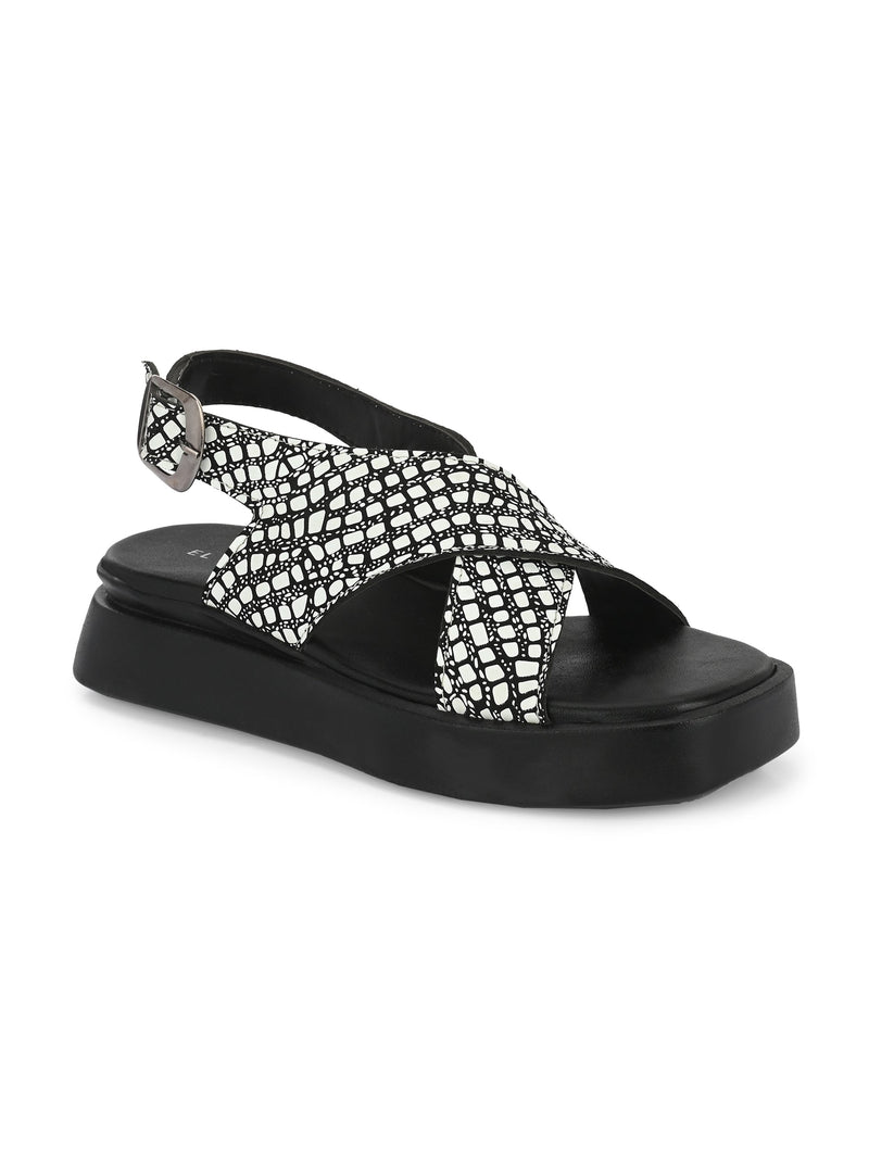 Black Women's casual flat heel criss cross sandal with back strap closure