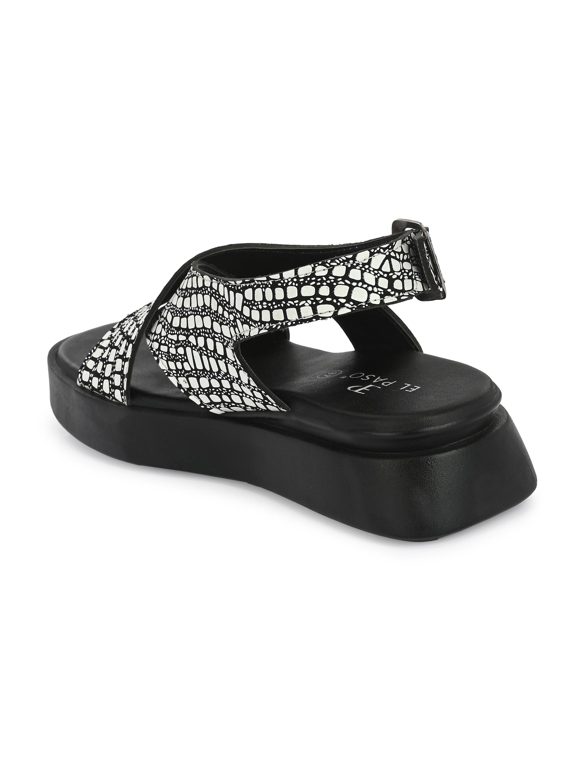 Black Women's casual flat heel criss cross sandal with back strap closure