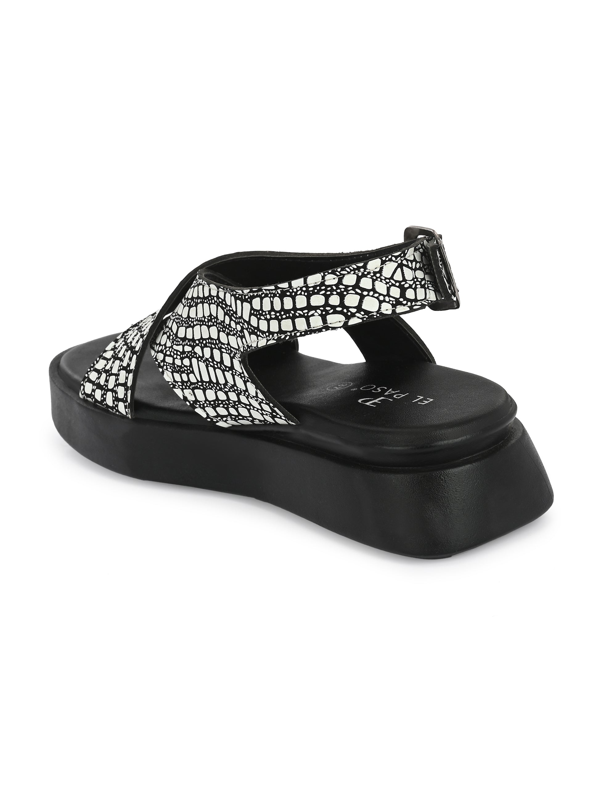 Black Women's casual flat heel criss cross sandal with back strap closure