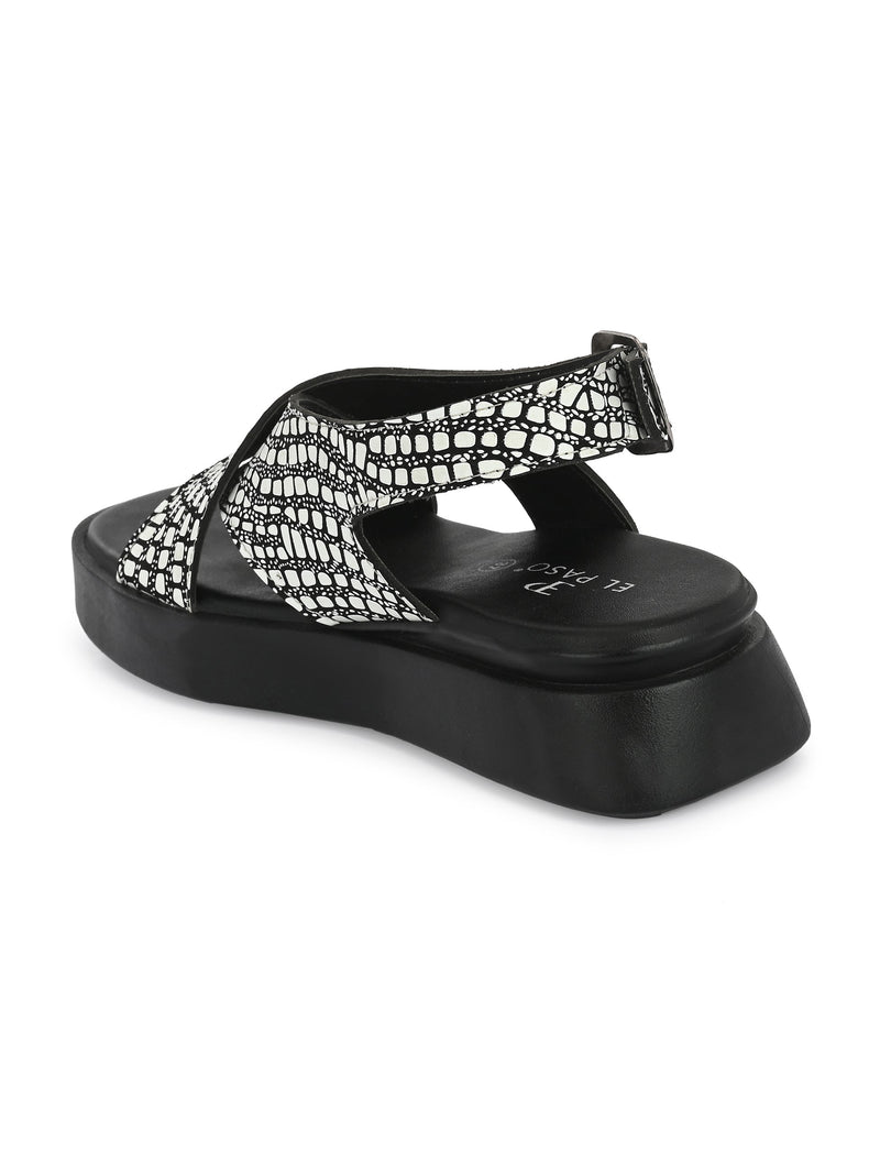 Black Women's casual flat heel criss cross sandal with back strap closure