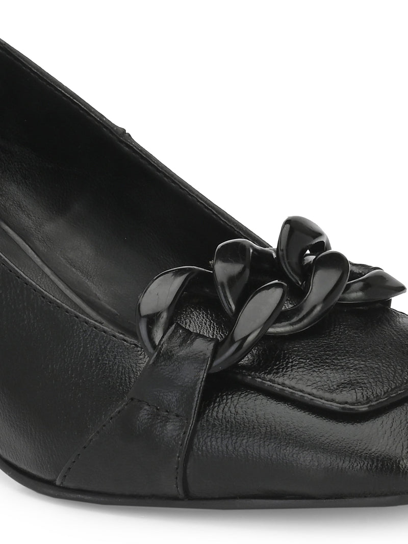 Luxurious Jet Black Leather Pump For Women-5