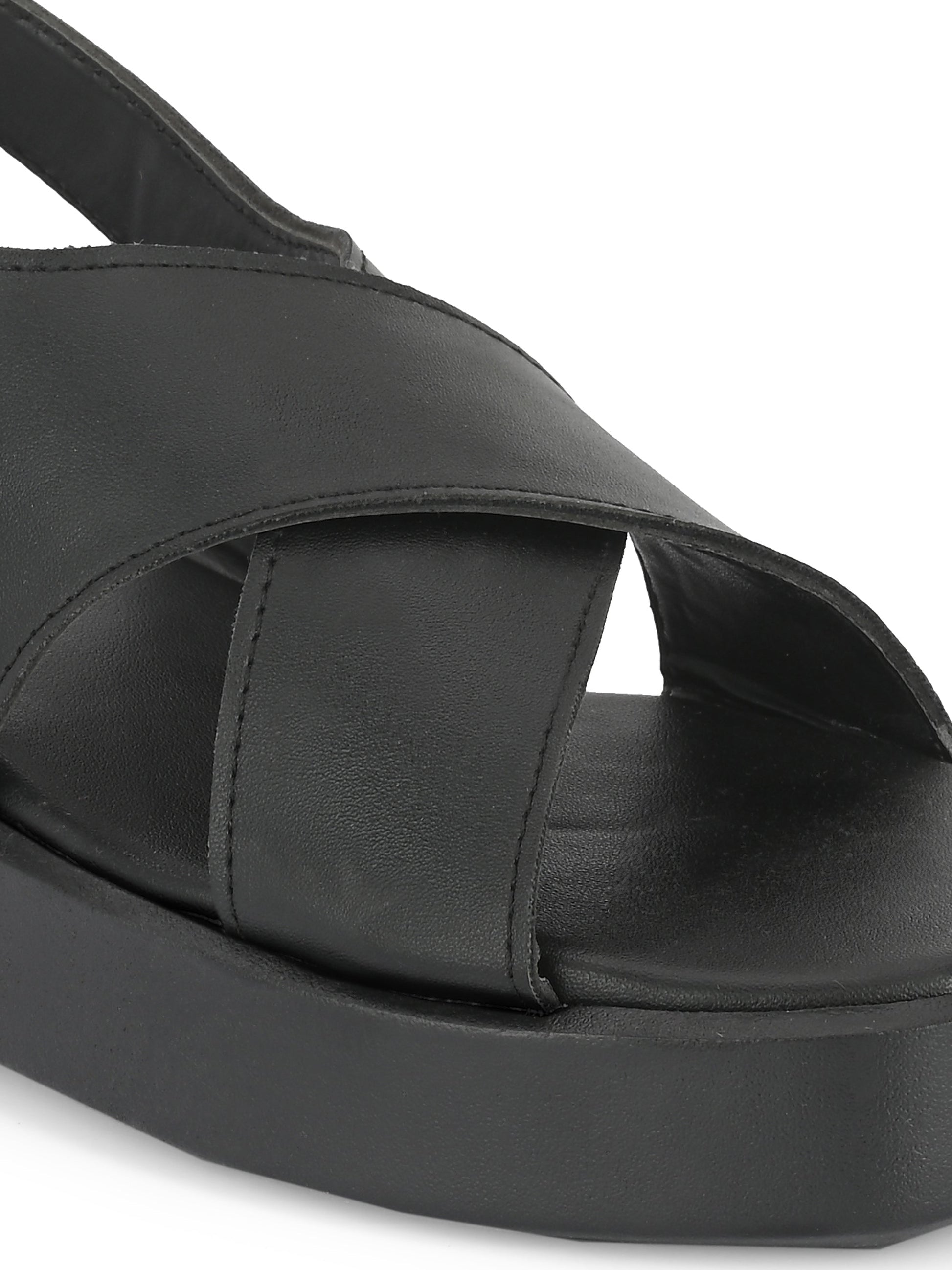 Black Women's casual flat heel criss cross sandal with back strap closure
