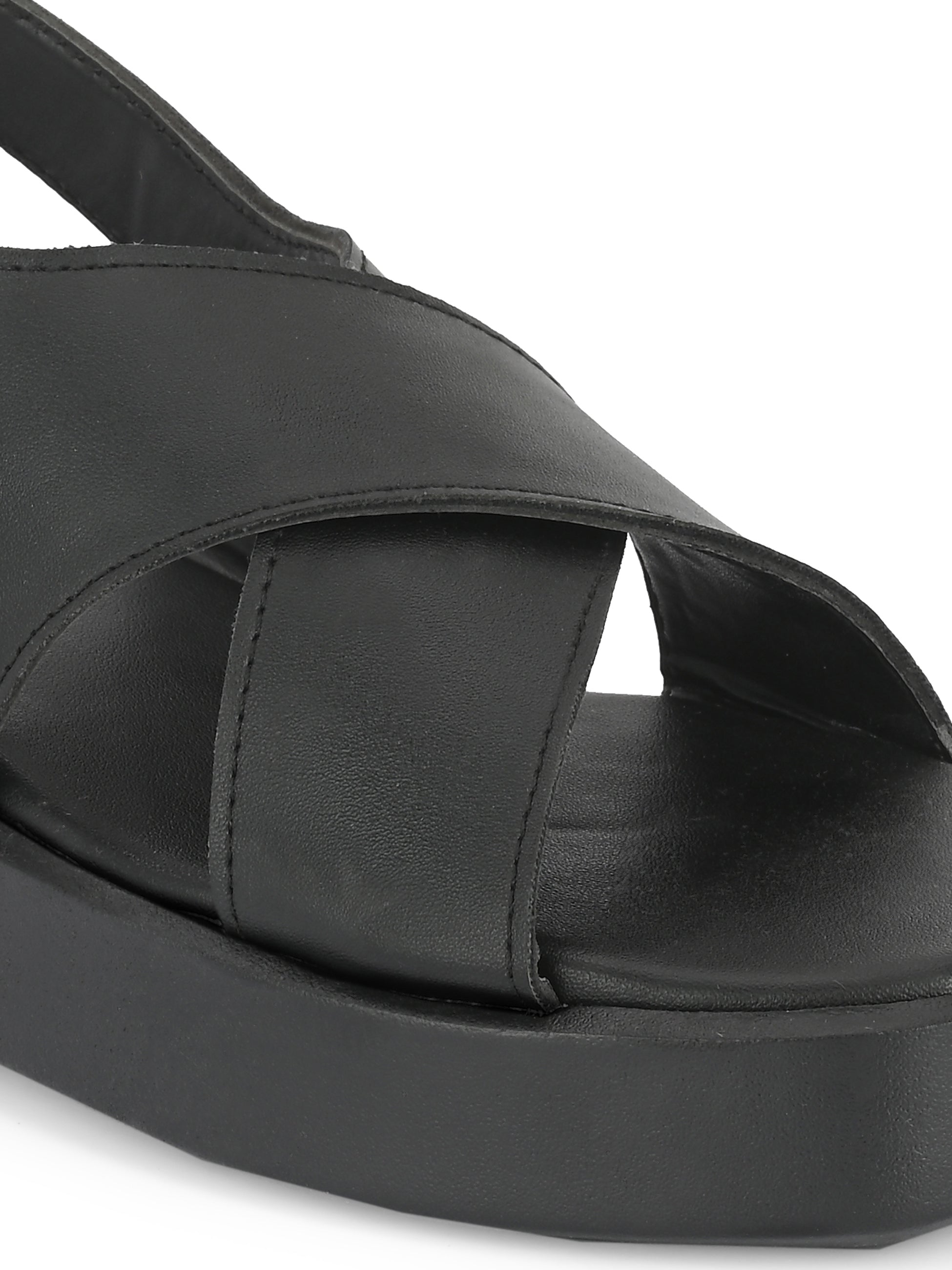 Black Women's casual flat heel criss cross sandal with back strap closure