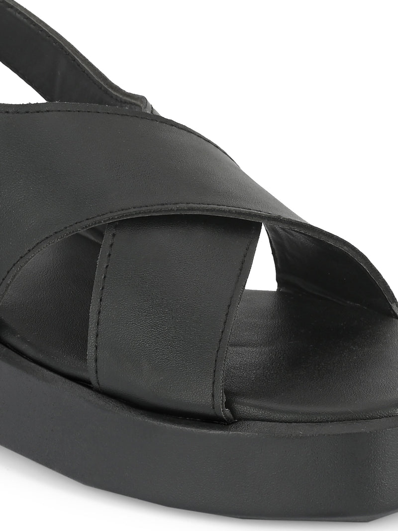 Black Women's casual flat heel criss cross sandal with back strap closure