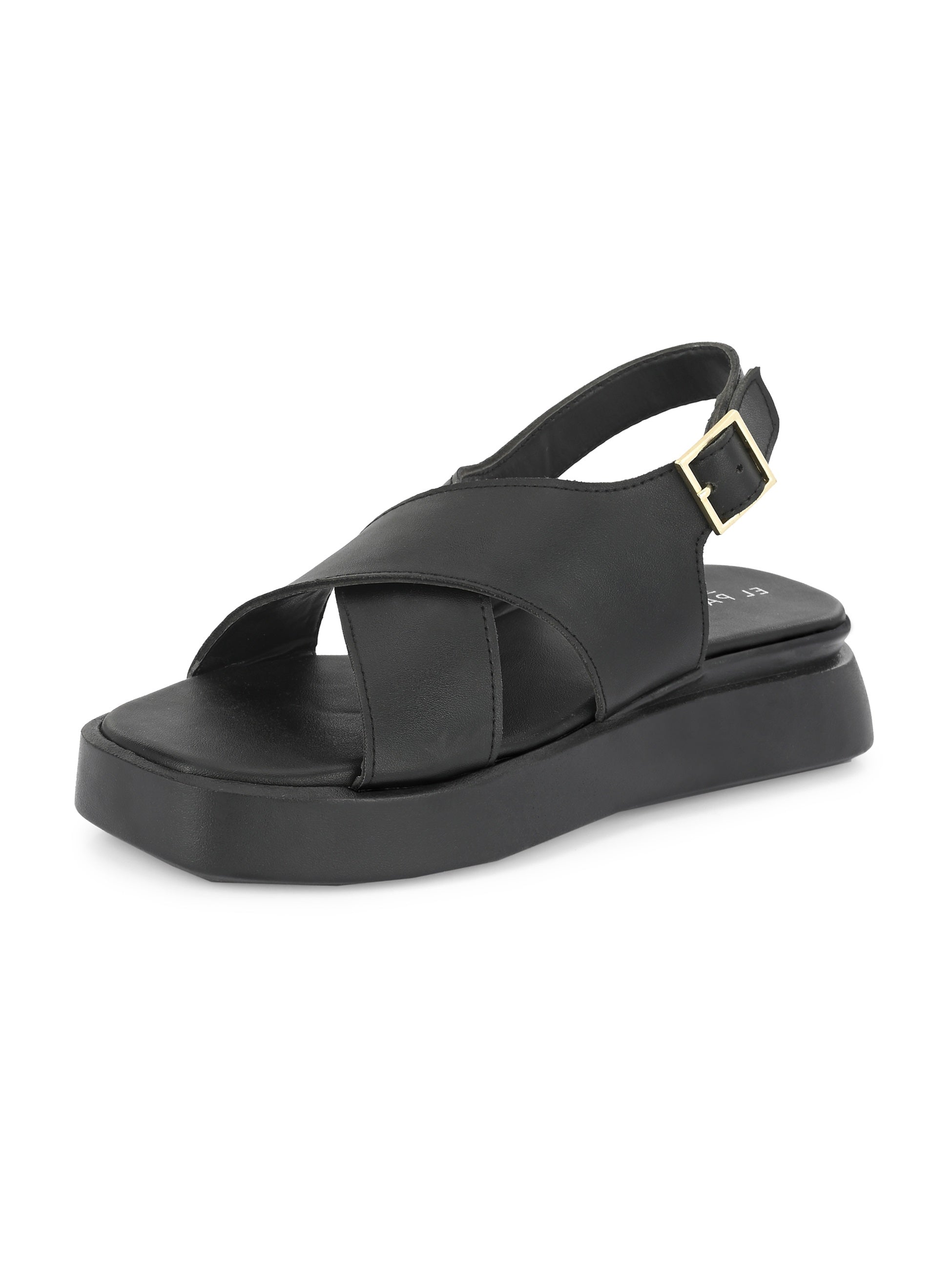 Black Women's casual flat heel criss cross sandal with back strap closure