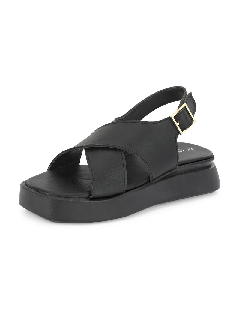 Black Women's casual flat heel criss cross sandal with back strap closure