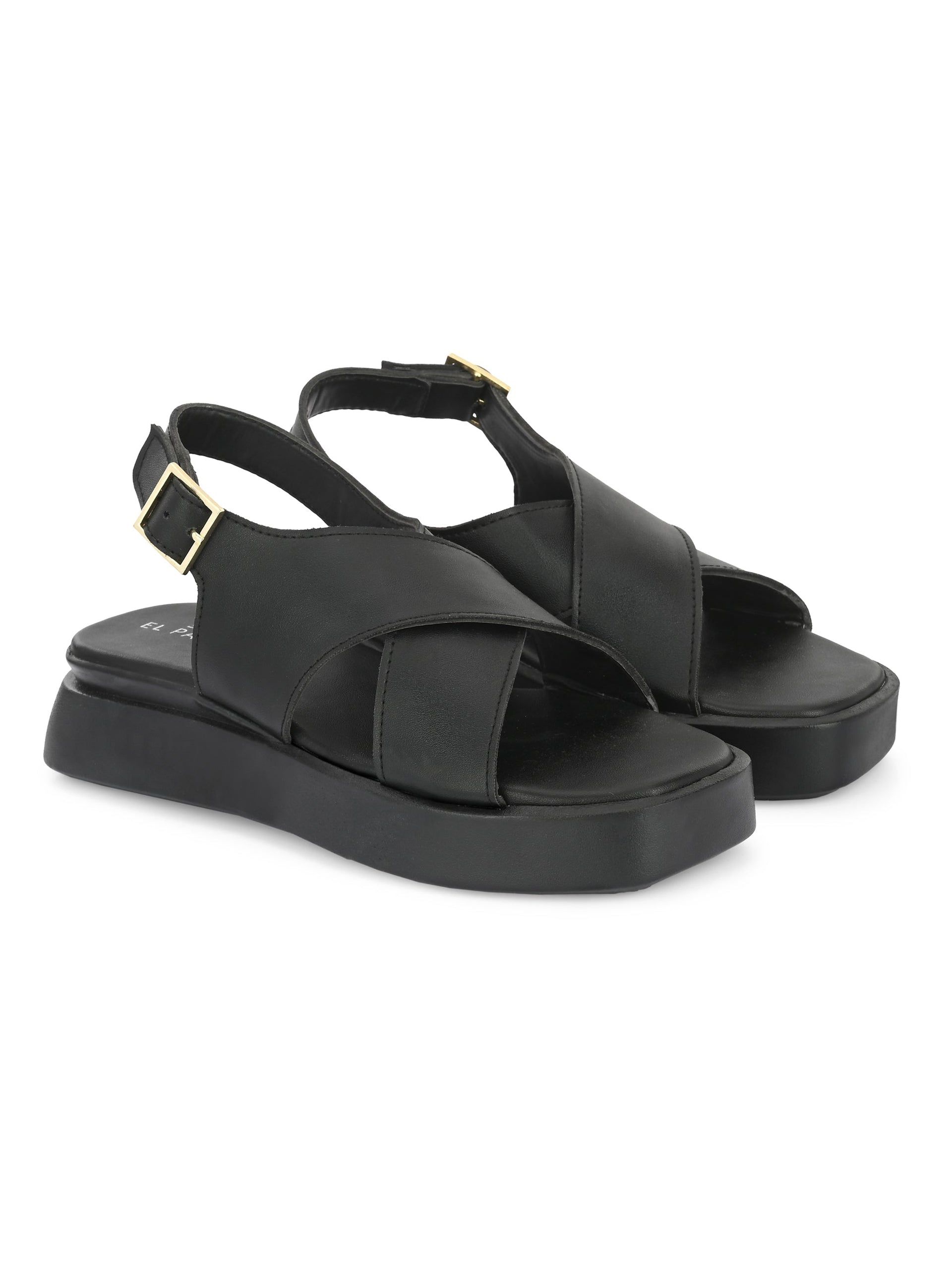 Black Women's casual flat heel criss cross sandal with back strap closure