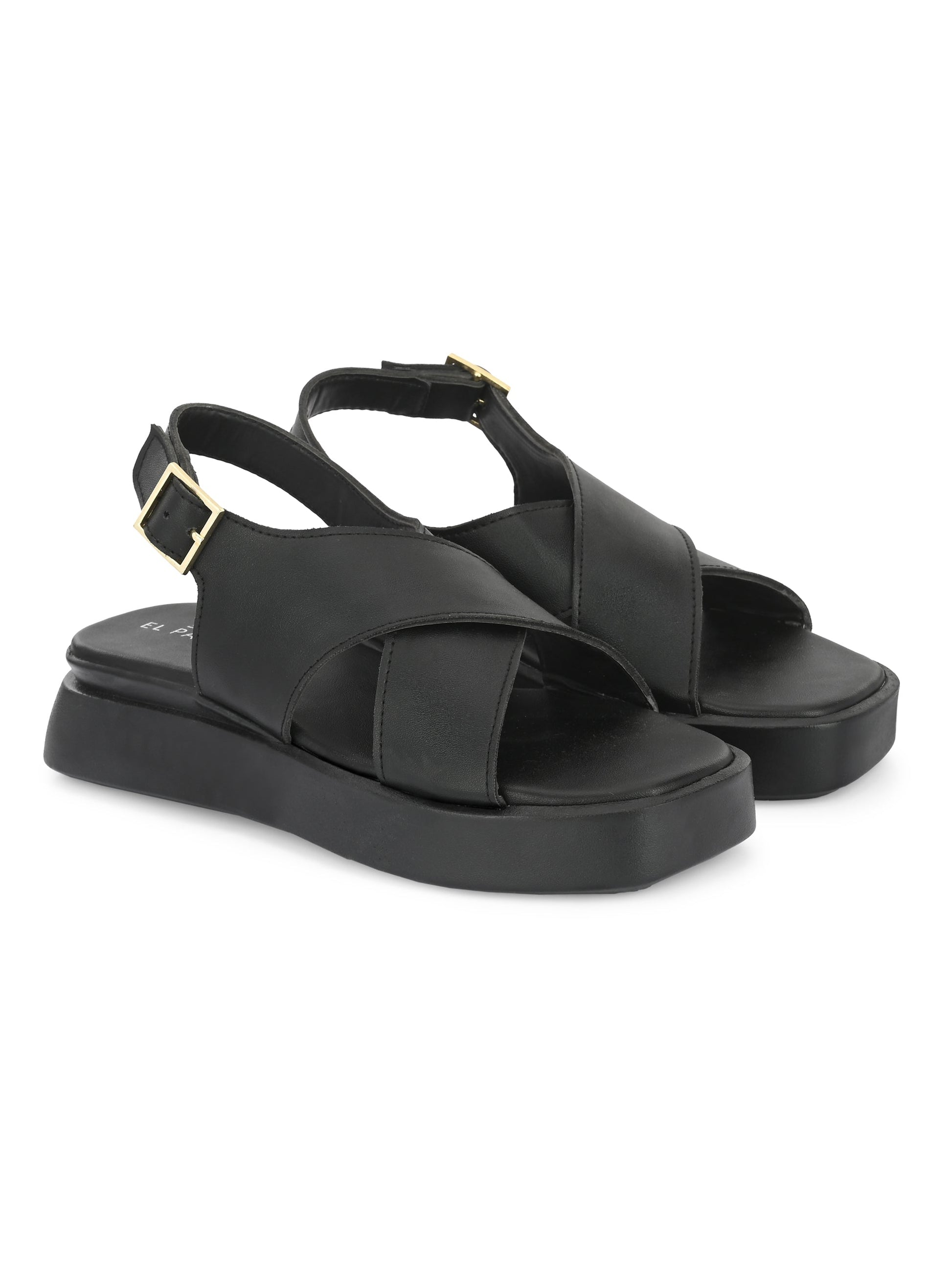 Black Women's casual flat heel criss cross sandal with back strap closure