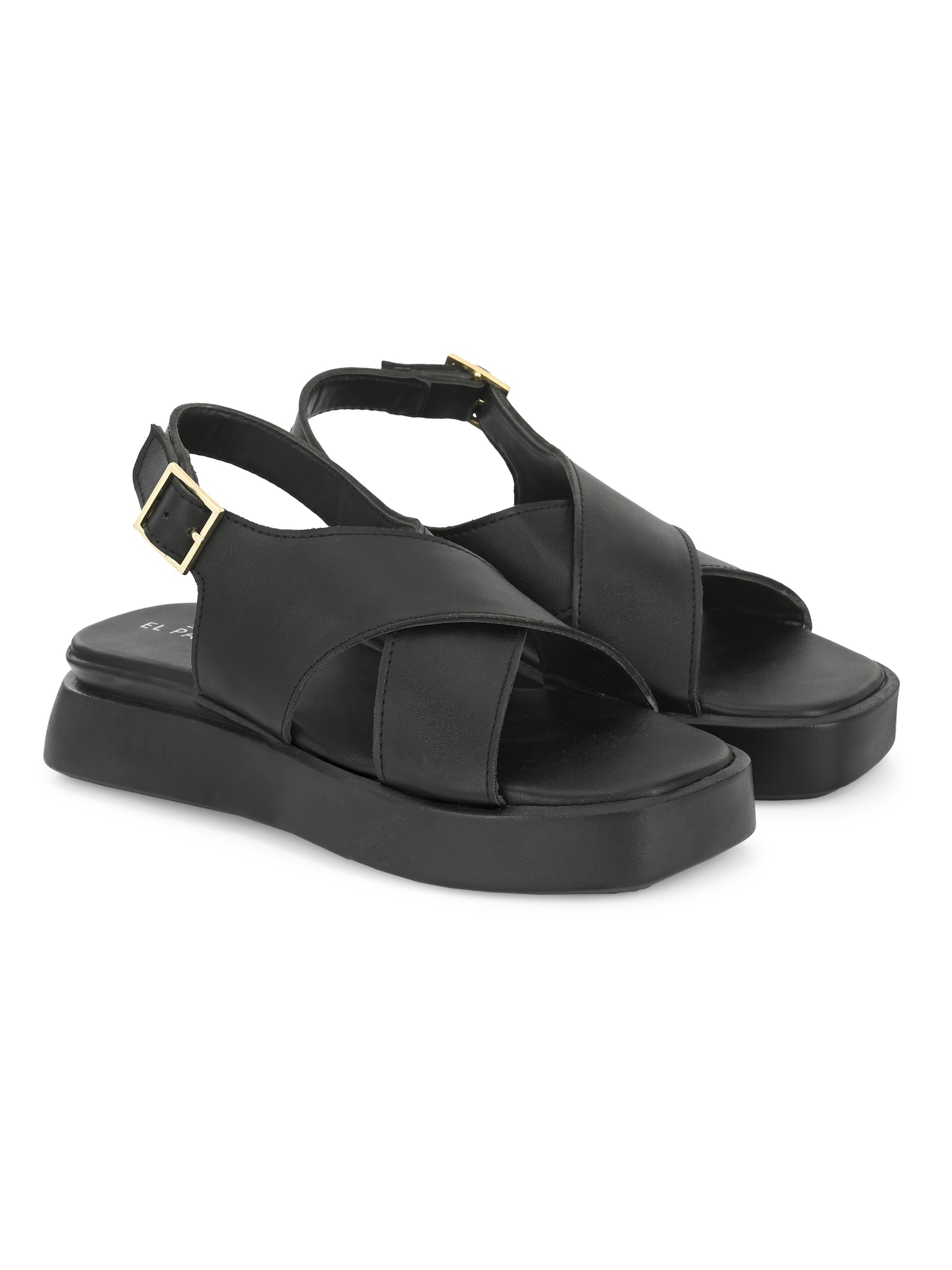Black Women's casual flat heel criss cross sandal with back strap closure