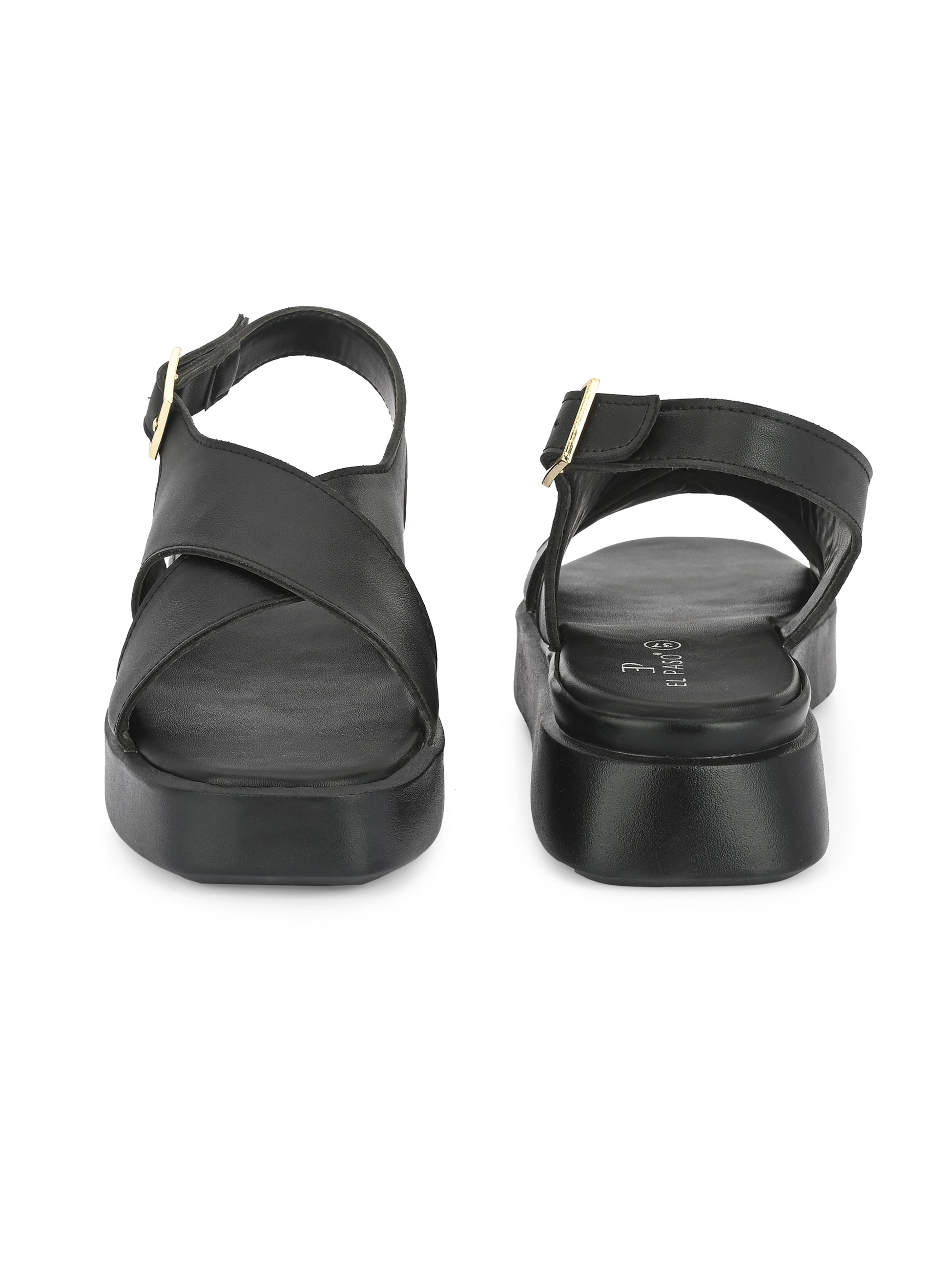 Black Women's casual flat heel criss cross sandal with back strap closure
