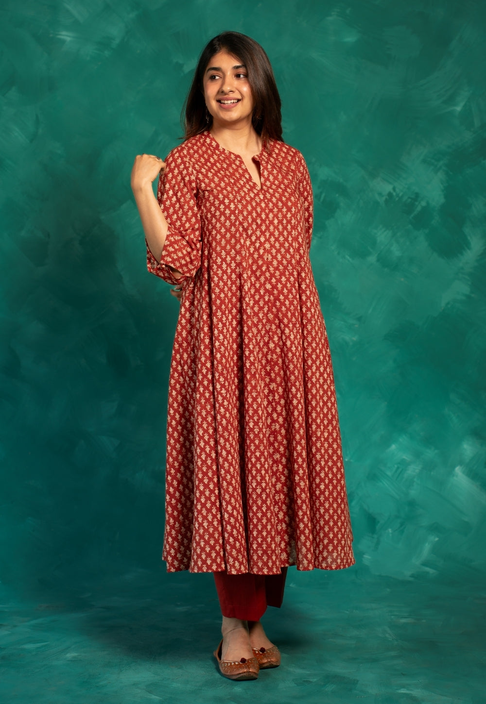 Viha Red Bagru Cotton Kali Kurta