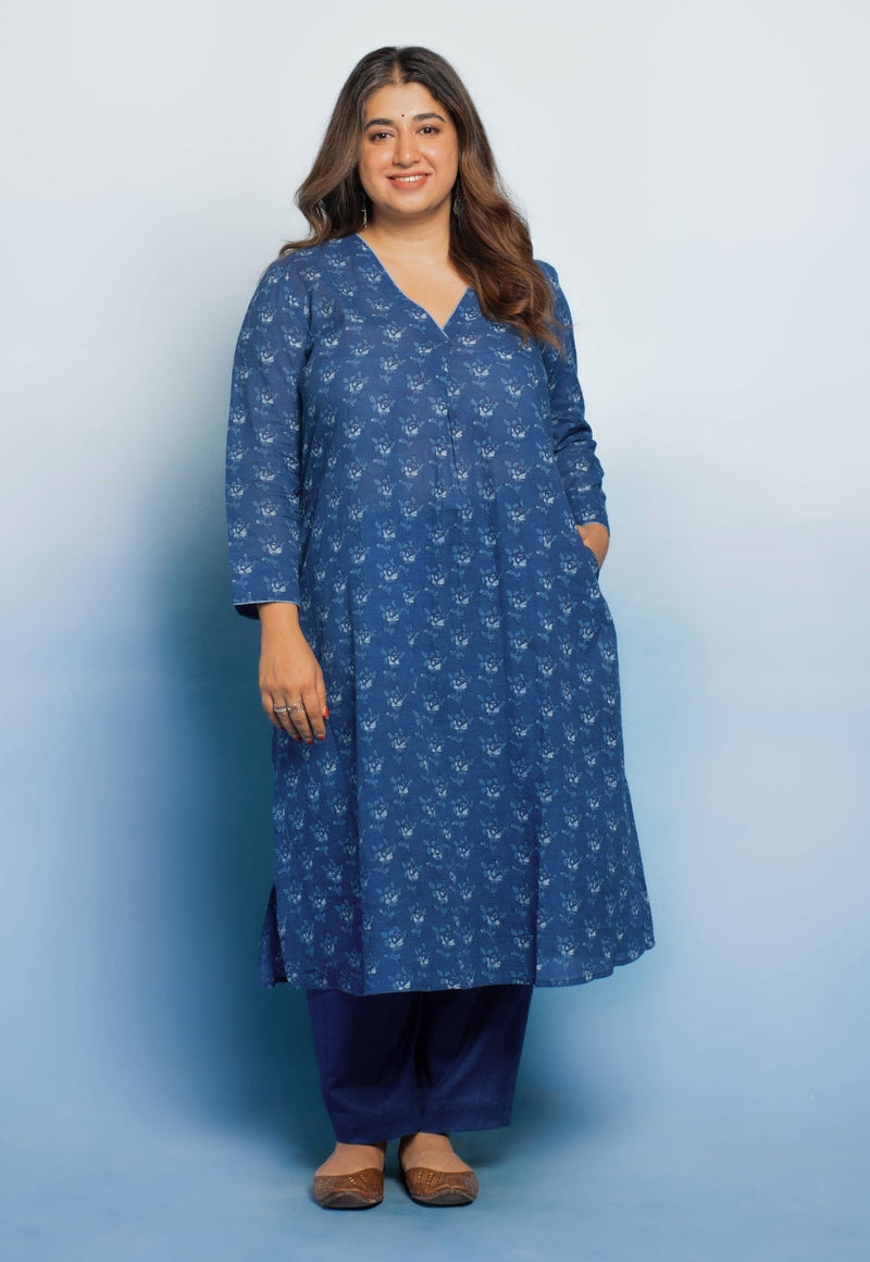 Raila Blue Dabu Mul Cotton Straight Kurta
