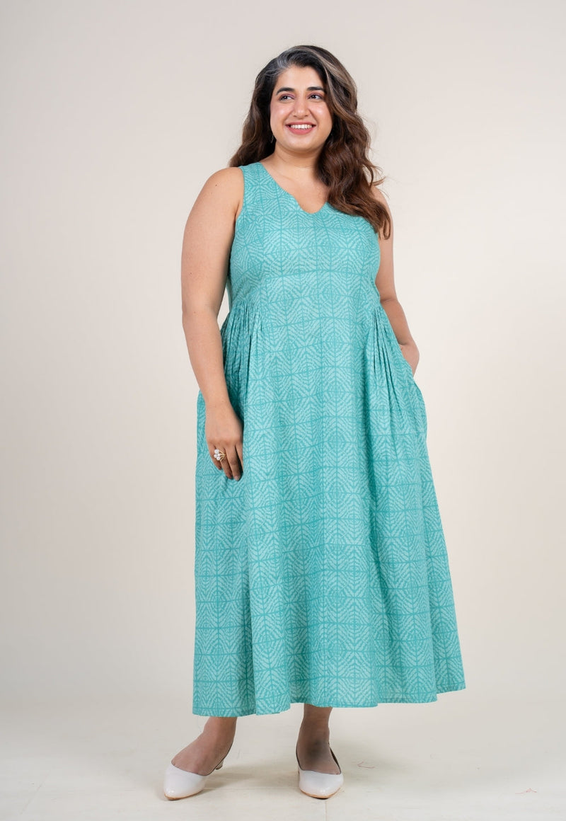 Navira Aqua Green Printed Cotton A Line Dress