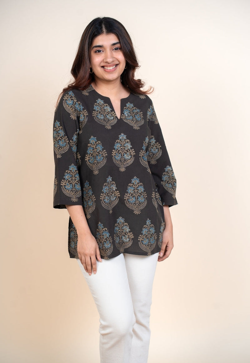 Yuvika Brown Ajrakh Cotton Straight Short Top