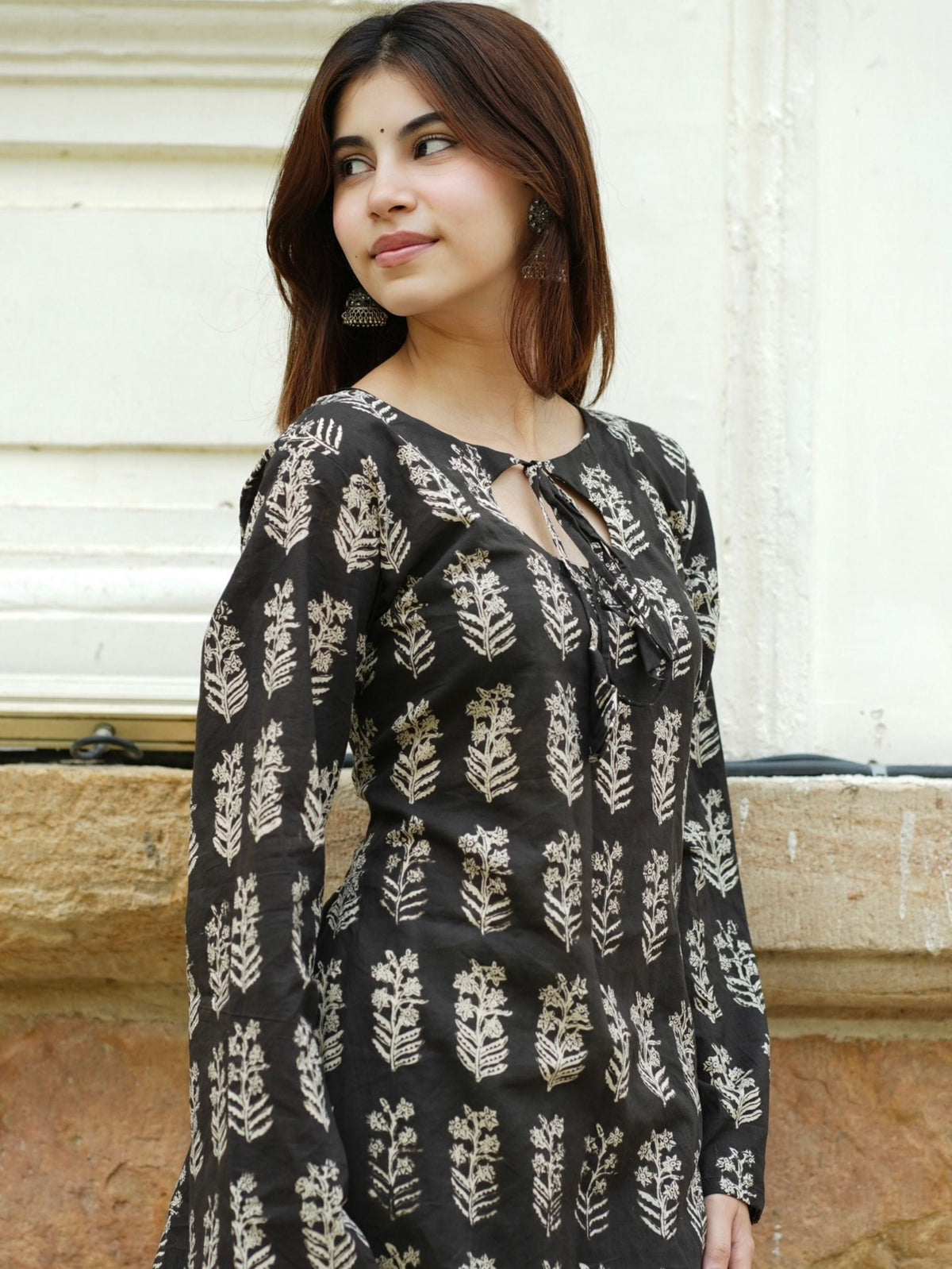 Roohi Two Piece Farshi Set for Women - Black Handblock Cotton Kurta with Farshi Salwar