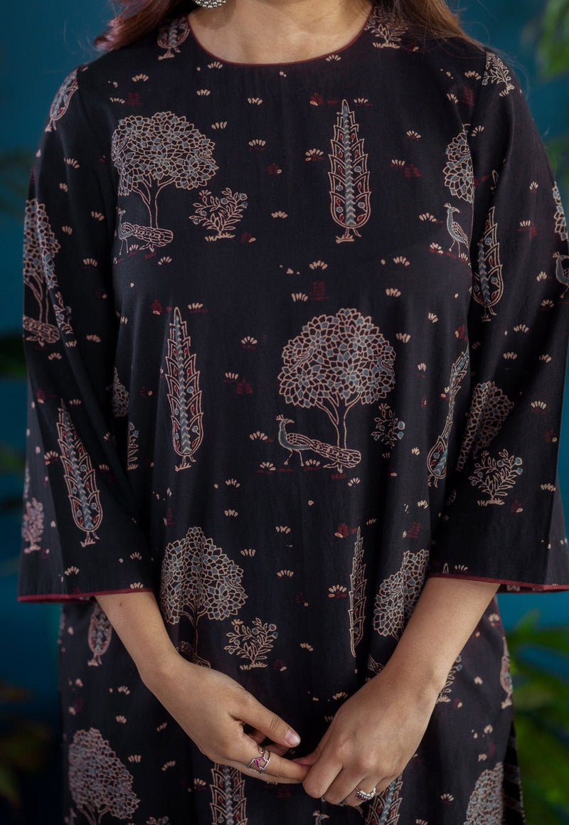 Tahira Black Ajrakh Cotton A Line Kurta