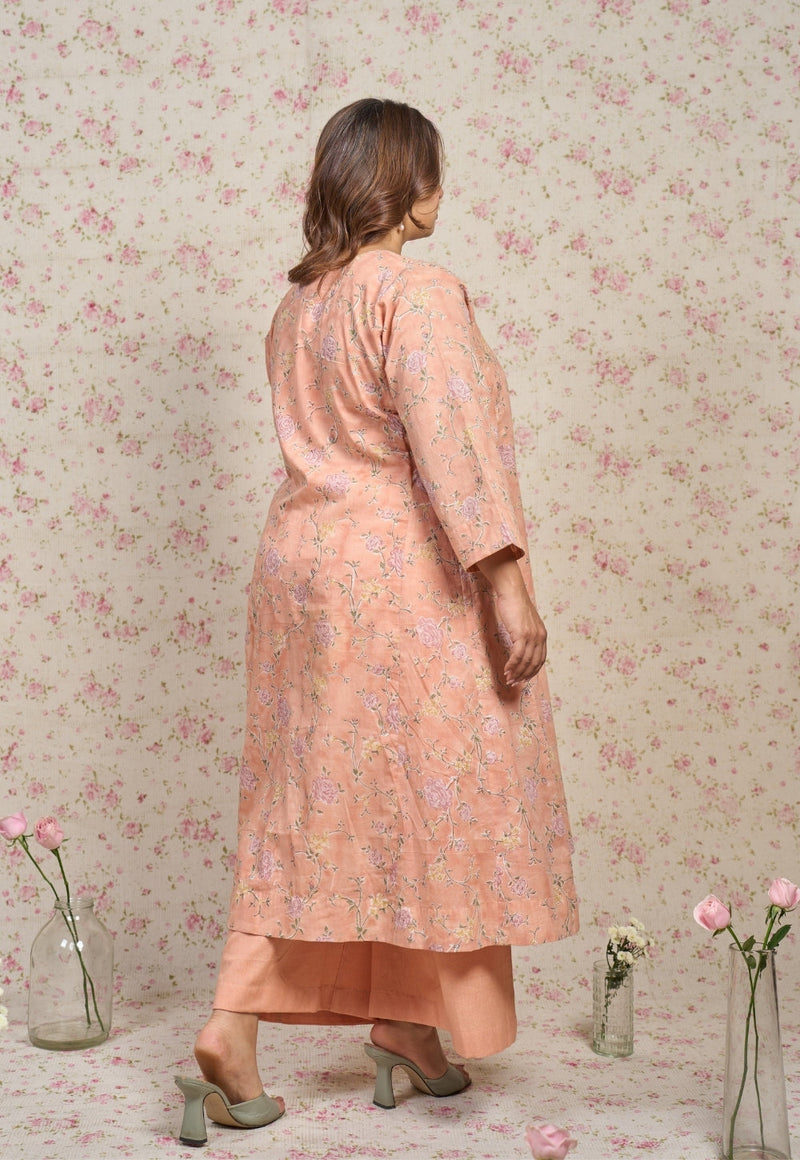 Mary Orange Sanganeri Mul Cotton Jhabbha Kali Kurta with Hand Embroidery and Slip