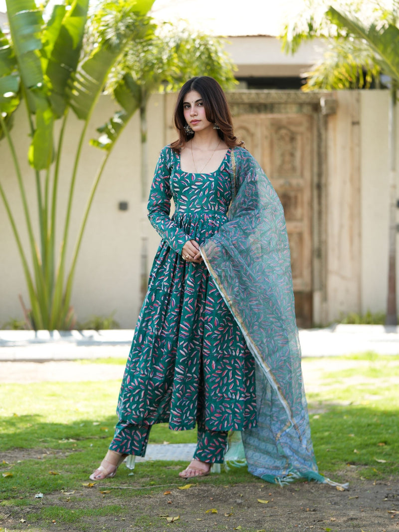 Leaf Love Green Handblock Anarkali Set with Kota Doriya Dupatta